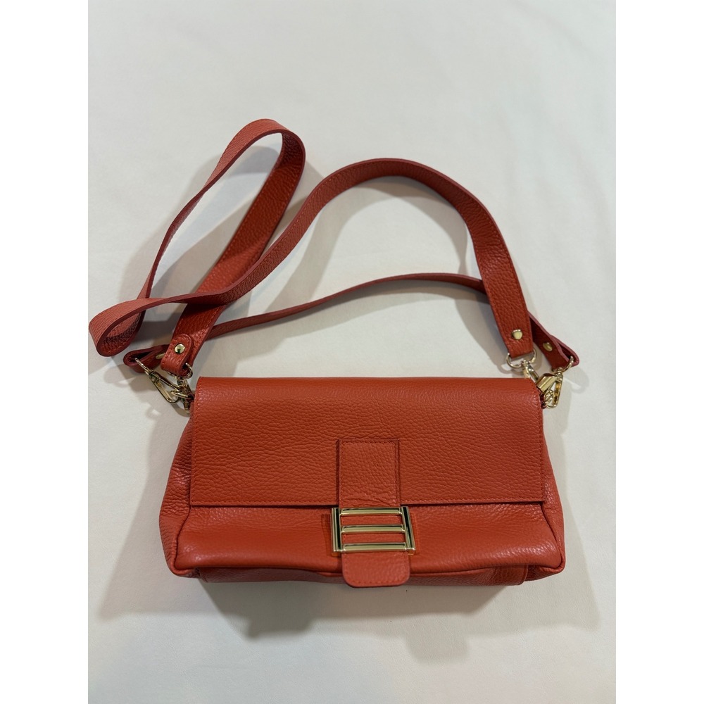 Divina Firenze Crossbody Bag Women Small Orange Italian Pebbled Leather Flap